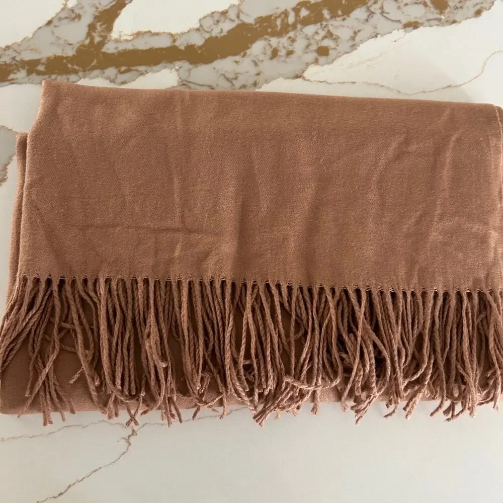 Womens Cashmere Blend Shawl Wrap Brown Fringe Soft Travel Quiet Luxury Scarf
